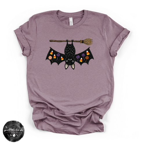 Bat on a Broom Tee | Cute Witchy Halloween Bat Graphic T-Shirt