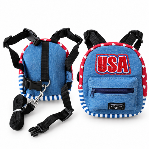USA Denim Dog Backpack Harness with Leash