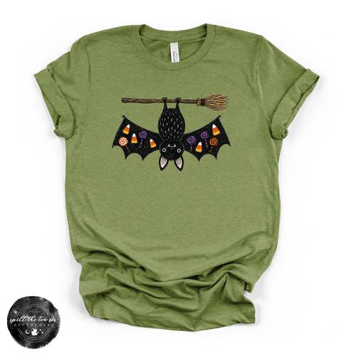 Bat on a Broom Tee | Cute Witchy Halloween Bat Graphic T-Shirt