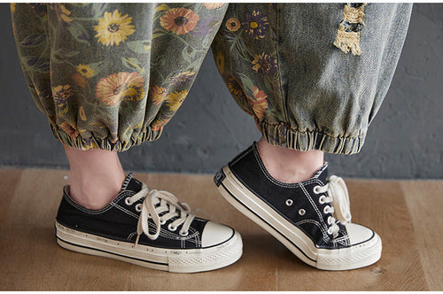 Women's Retro Nostalgic Print Ripped Denim Overalls
