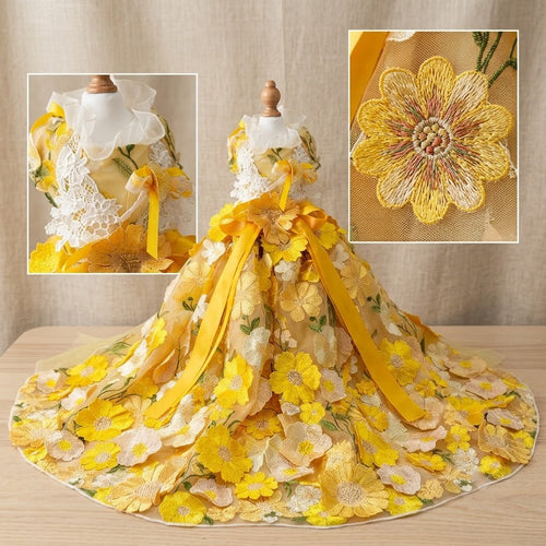 Yellow Floral Dog Dress Pet Gown with Detachable Train