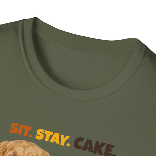 Sit. Stay. Cake. Golden Retriever T-Shirt | Funny Dog Mom Shirt