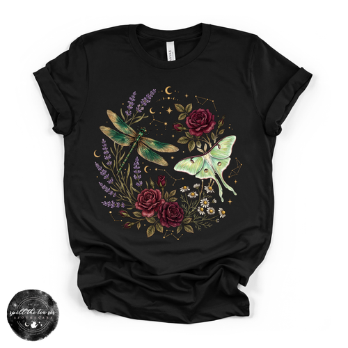 Dragonfly & Moth Rose Tee | Botanical Nature Graphic T-Shirt