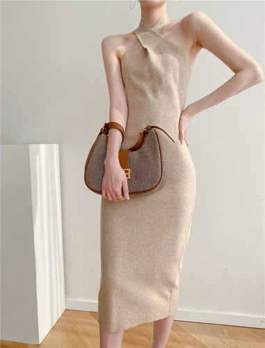 Women's Slim Fit Slim Pack Hip Cross Halter Over Knee Knit Dress
