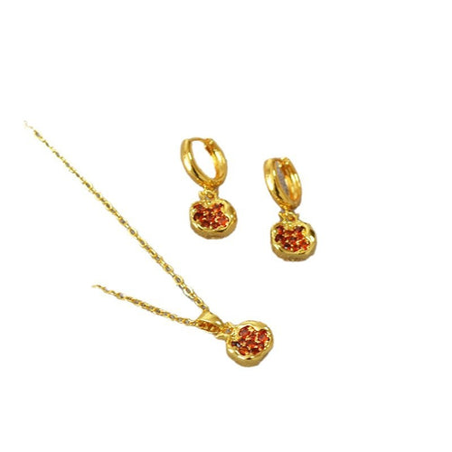 Simple Brass Gold-plated Red Pomegranate Necklace Earrings