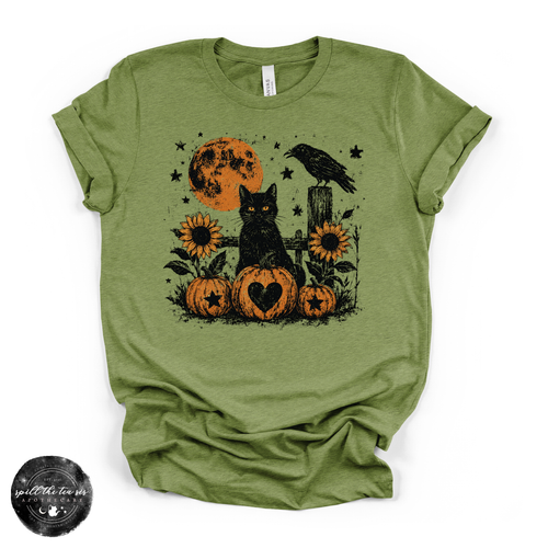 Black Cat & Black Raven Tee | Gothic Woodland Graphic T-Shirt