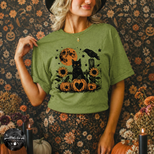 Black Cat & Black Raven Tee | Gothic Woodland Graphic T-Shirt