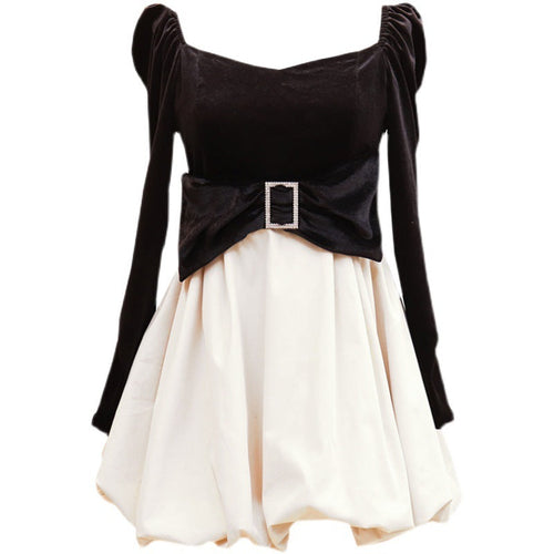 Back Puff Sleeve Stitching Gold Velvet Dress