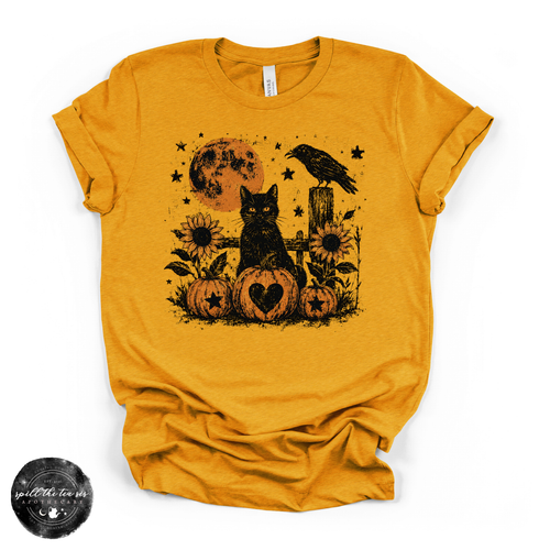 Black Cat & Black Raven Tee | Gothic Woodland Graphic T-Shirt