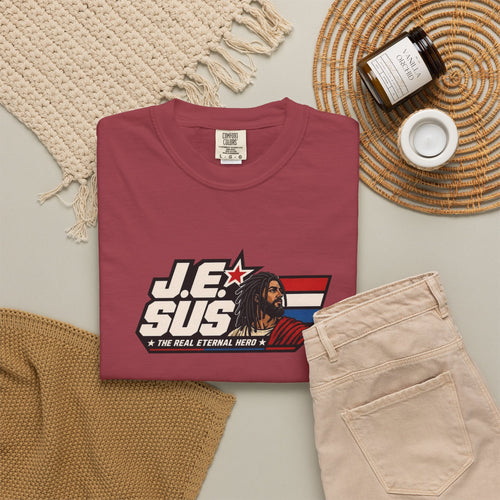 Jesus Retro Graphic T-Shirt — “J.E.SUS The  Real Eternal Hero” Christian Vintage Tee