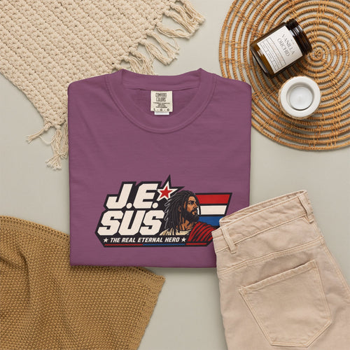 Jesus Retro Graphic T-Shirt — “J.E.SUS The  Real Eternal Hero” Christian Vintage Tee