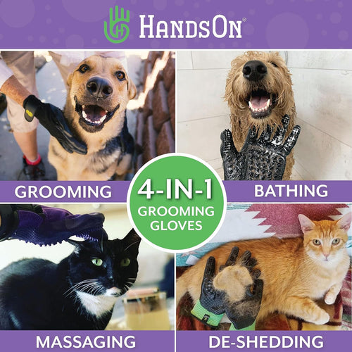 HandsOn Pet Grooming Gloves Gentle Brush for Cats Dogs Horses Black