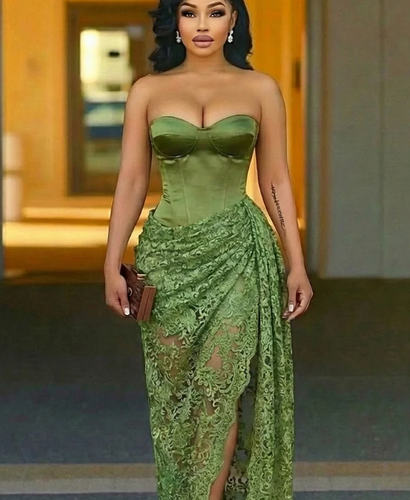 Strapless Cinch Waist Lace Patchwork Party Maxi Dresses-Green