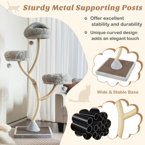 70 Tall Metal Cat Tree Tower with 3 Plush Perches & Sisal Scratching Posts