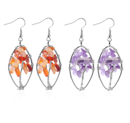 Natural Crystal Crushed Stone Earrings Handmade Tree Of Life Women's Turquoise