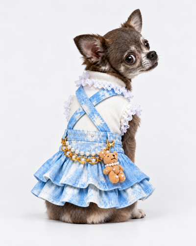 Tie-Dye Denim Suspender Pet Skirt & Cotton Ruffle Shirt