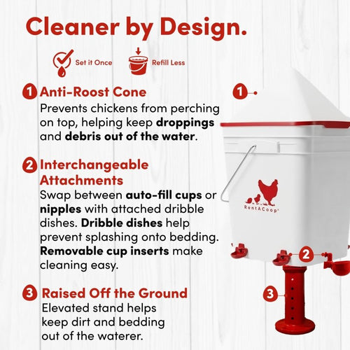 RentACoop Chicken Feeder & Waterer Set– 25lb No-Waste Feeder with 4 Large Ports + 5-Gallon Waterer with Auto-Fill Cups & Horizontal Nipples