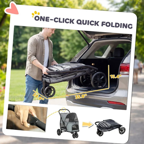3 Wheel Pet Stroller with Easy One-Click Quick Fold, Mesh Window, Washable Cushion, for Medium Dogs