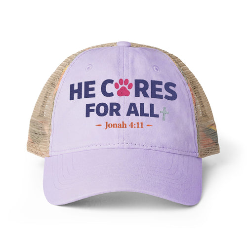 He Cares for All Scripture Paw Print Women's Washed Mesh-Back Cap