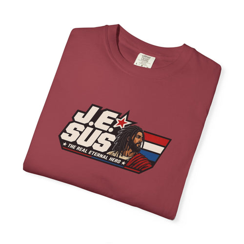 Jesus Retro Graphic T-Shirt — “J.E.SUS The  Real Eternal Hero” Christian Vintage Tee