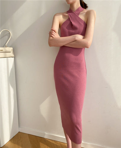 Women's Slim Fit Slim Pack Hip Cross Halter Over Knee Knit Dress