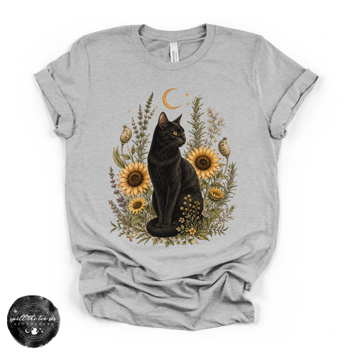 Sunflower Cat Tee | Floral Black Cat Graphic T-Shirt