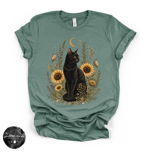 Sunflower Cat Tee | Floral Black Cat Graphic T-Shirt
