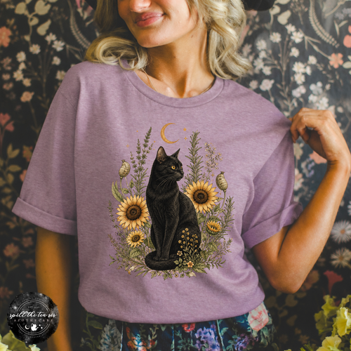 Sunflower Cat Tee | Floral Black Cat Graphic T-Shirt