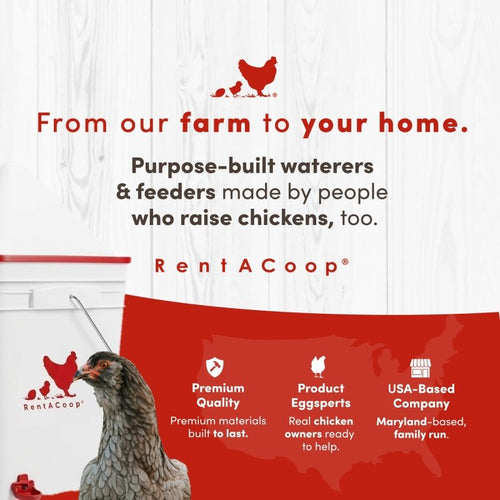 RentACoop 5 Gallon Chicken Waterer with 4 Auto-Fill Water Cups, 4 Horizontal nipples, and Adjustable Stand - Corner Placement