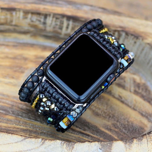 Black Retro Woven Watch Band  Natural Stone Bead Strap Bracelet
