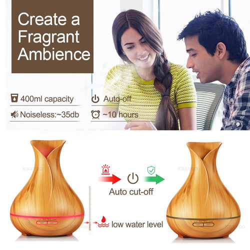 KBAYBO 400ml Aroma Essential Oil Diffuser Ultrasonic Air Humidifier with Wood Grain electric LED Lights aroma diffuser for home