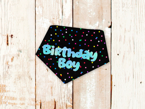Birthday Boy Metallic Blue on Black Confetti Dog Bandana