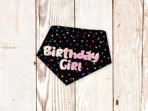 Birthday Girl Metallic Pink on Black Confetti Dog Bandana