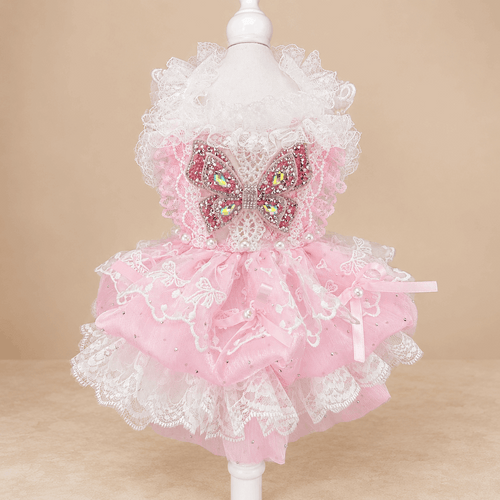 Pink Lace Tulle Pet Dress with Butterfly Bow