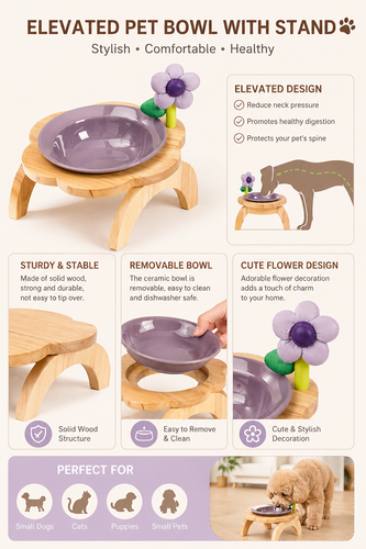 Elevated Dog Bowl with Stand Wooden Raised Pet Feeder Anti-Spill Cat Dog Bowl for Small Dogs Neck Protection Feeding Stand