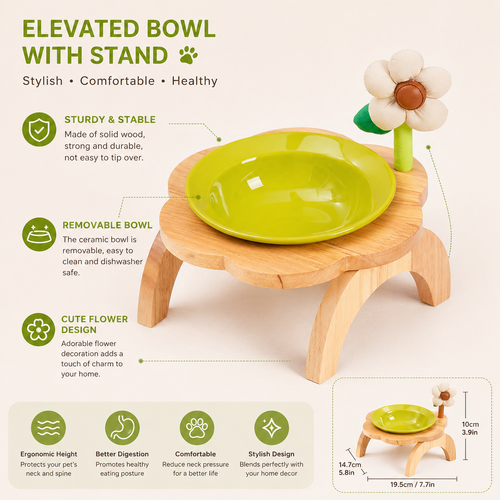 Elevated Dog Bowl with Stand Wooden Raised Pet Feeder Anti-Spill Cat Dog Bowl for Small Dogs Neck Protection Feeding Stand