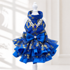 Royal Sapphire Luxury Dog Dress – Blue & Gold Layered Princess Pet Dress with Pearl Jewel Detail