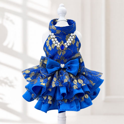 Royal Sapphire Luxury Dog Dress – Blue & Gold Layered Princess Pet Dress with Pearl Jewel Detail