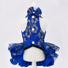 Royal Sapphire Luxury Dog Dress – Blue & Gold Layered Princess Pet Dress with Pearl Jewel Detail