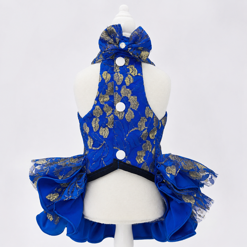 Royal Sapphire Luxury Dog Dress – Blue & Gold Layered Princess Pet Dress with Pearl Jewel Detail
