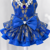 Royal Sapphire Luxury Dog Dress – Blue & Gold Layered Princess Pet Dress with Pearl Jewel Detail