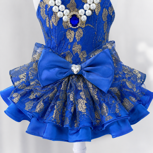 Royal Sapphire Luxury Dog Dress – Blue & Gold Layered Princess Pet Dress with Pearl Jewel Detail