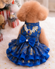 Royal Sapphire Luxury Dog Dress – Blue & Gold Layered Princess Pet Dress with Pearl Jewel Detail