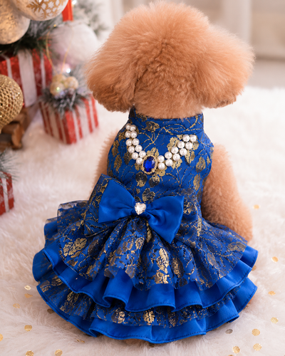 Royal Sapphire Luxury Dog Dress – Blue & Gold Layered Princess Pet Dress with Pearl Jewel Detail