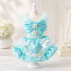Handmade Aqua Blue Princess Dog Dress with Lace, Bow & Pearl Details
