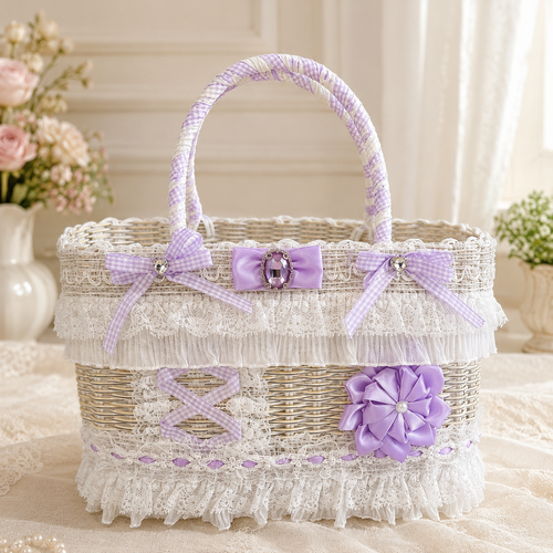 Luxury Lavender Lace Wicker Pet Carrier Basket for Small Dogs & Cats