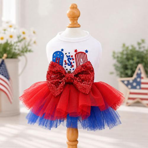 USA Patriotic Dog Dress – Red White Blue Sequin Bow Tutu Dress for Small Dogs