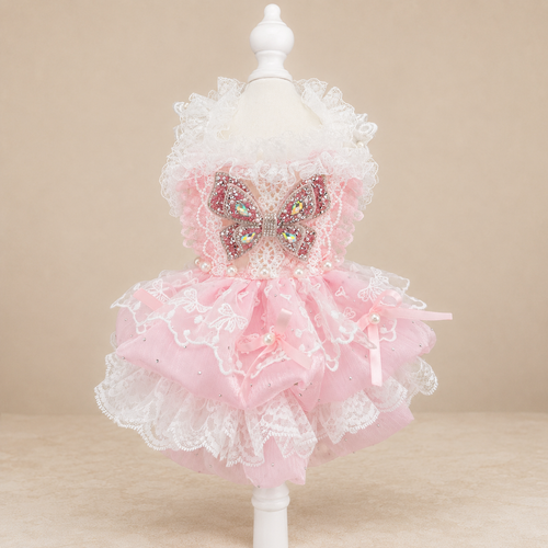 Pink Lace Tulle Pet Dress with Butterfly Bow