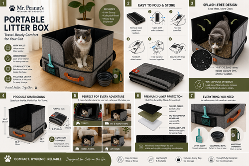 Mr. Peanut's Portable Foldable Travel Cat Litter Box – Waterproof Collapsible Litter Box with Scoop Pocket for Road Trips, Hotels, RVs & Home