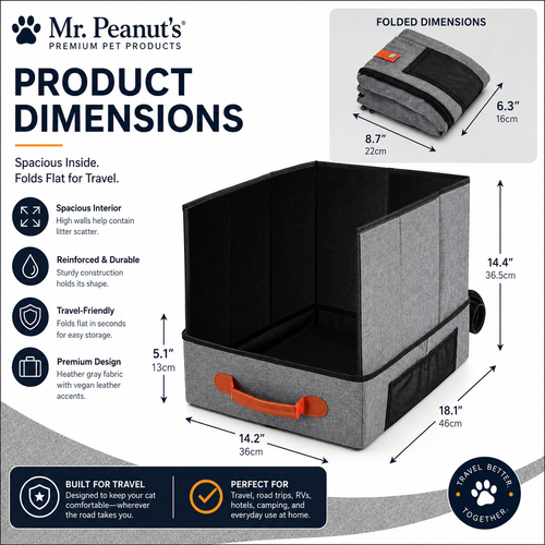 Mr. Peanut's Portable Foldable Travel Cat Litter Box – Waterproof Collapsible Litter Box with Scoop Pocket for Road Trips, Hotels, RVs & Home